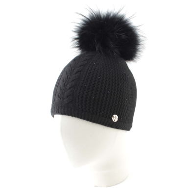 Women's Winter Knitted Hat with Natural Pom-Pom Granadilla | Black