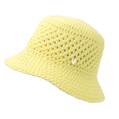Дамска лятна памучна шапка тип клош (кофа) с ажурна плетка | Жълт