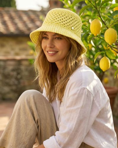 Дамска лятна памучна шапка тип клош (кофа) с ажурна плетка | Жълт