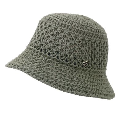 Дамска лятна памучна шапка тип клош (кофа) с ажурна плетка | Зелен
