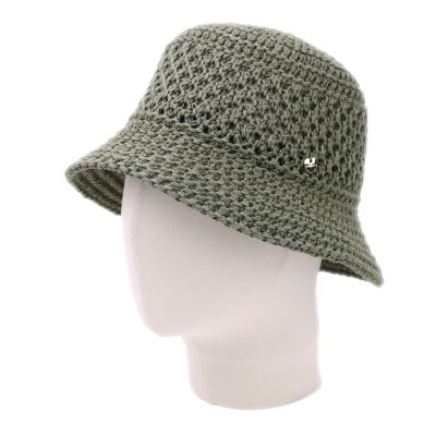 Дамска лятна памучна шапка тип клош (кофа) с ажурна плетка | Зелен