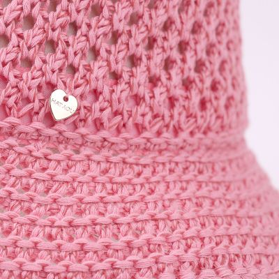 Дамска лятна памучна шапка тип клош (кофа) с ажурна плетка | Розов