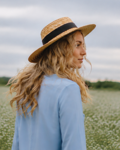 Women's Straw Boater Hat with Black Ribbon | Natural