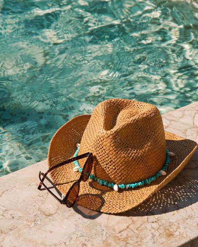 Women's summer cowboy-style hat with blue stones HatYou | Honey brown